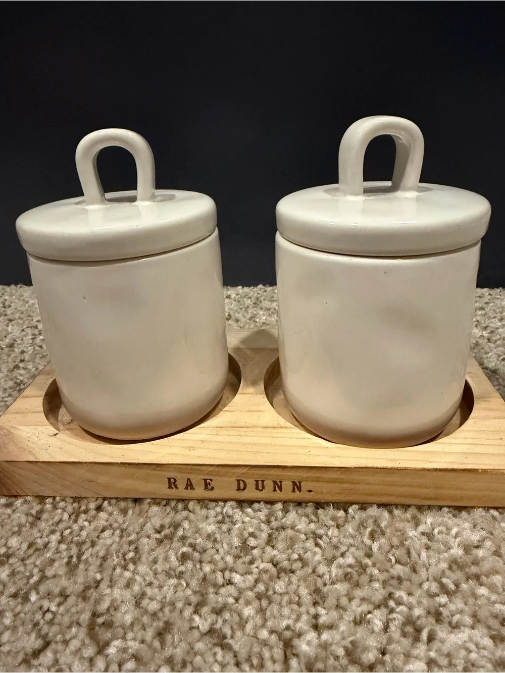 Rae Dunn White Ceramic 'Bobby Pins' & 'Hair Ties' Storage Jars with Bamboo Tray - Picture 4 of 5
